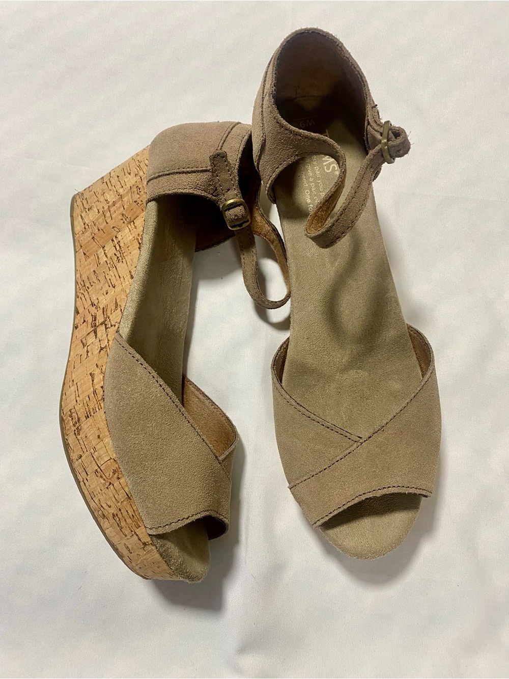 Toms Taupe Suede Wedge Sandals with Cork Platform